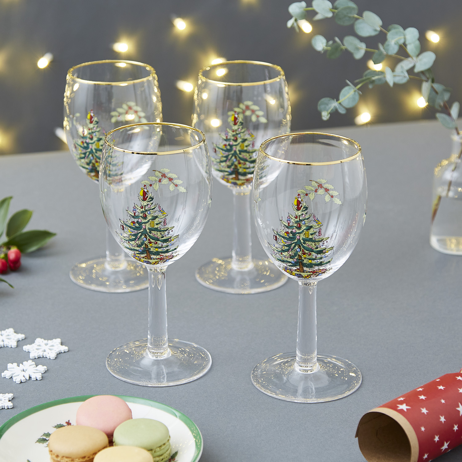 Set of Six Spode Christmas Tree Stemless Wine Glasses. Dining. 