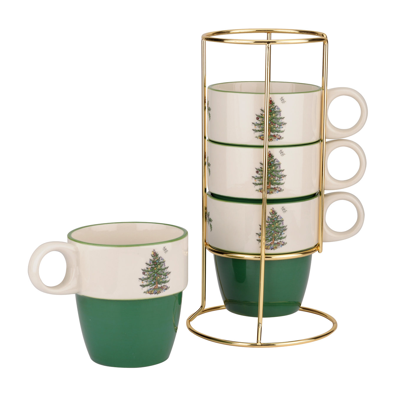 Spode Christmas Tree Set of 4 Mugs with Gold Metal Rack | Spode