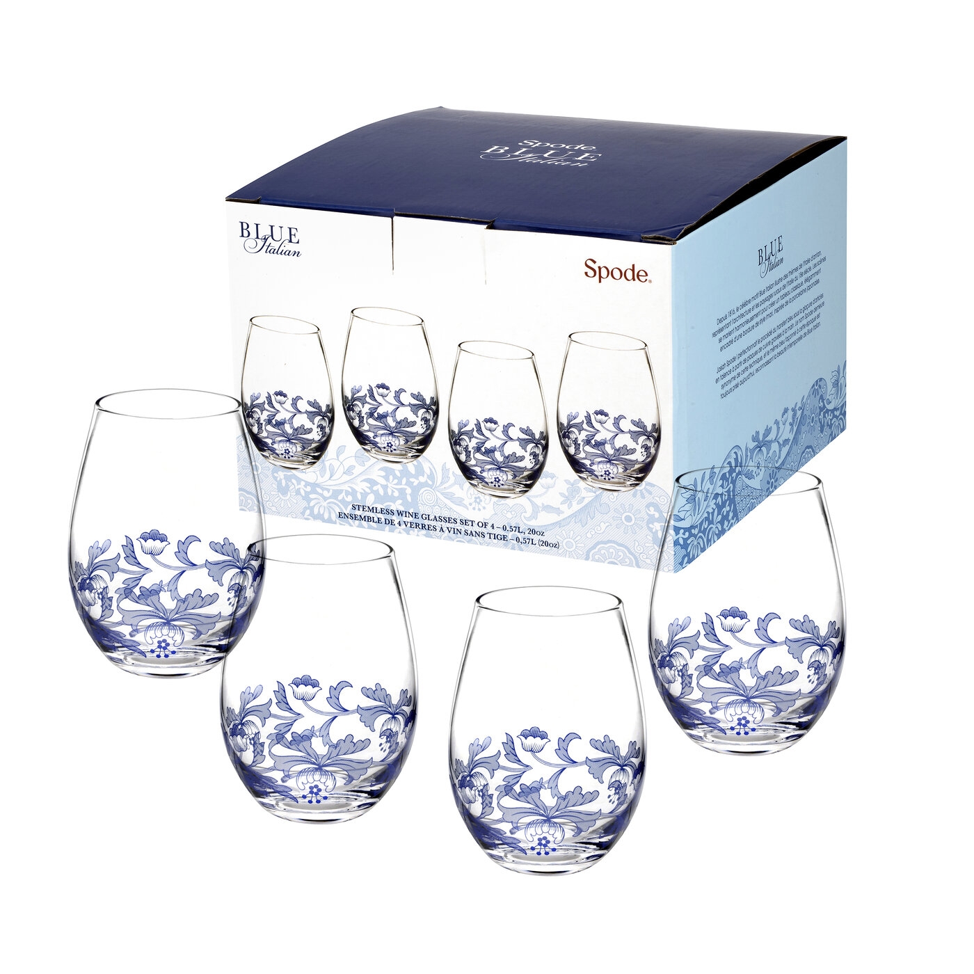 Blue Italian Stemless Wine Glasses Set of 4