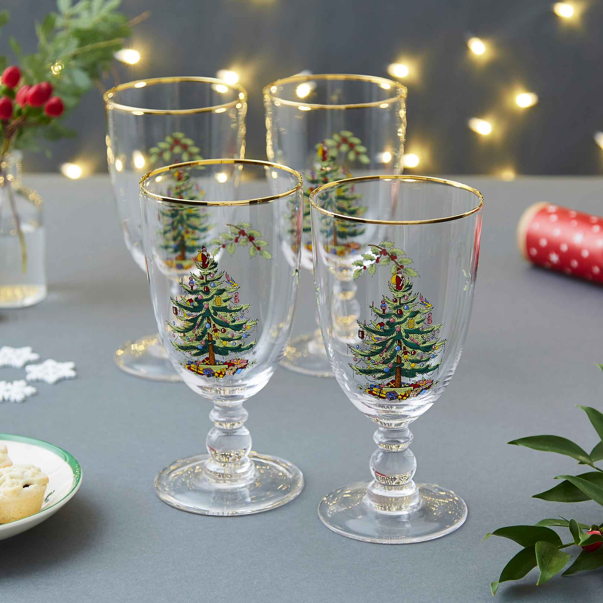 Spode 4-Piece Christmas Tree Glass Pedestal Goblet Set 4339601