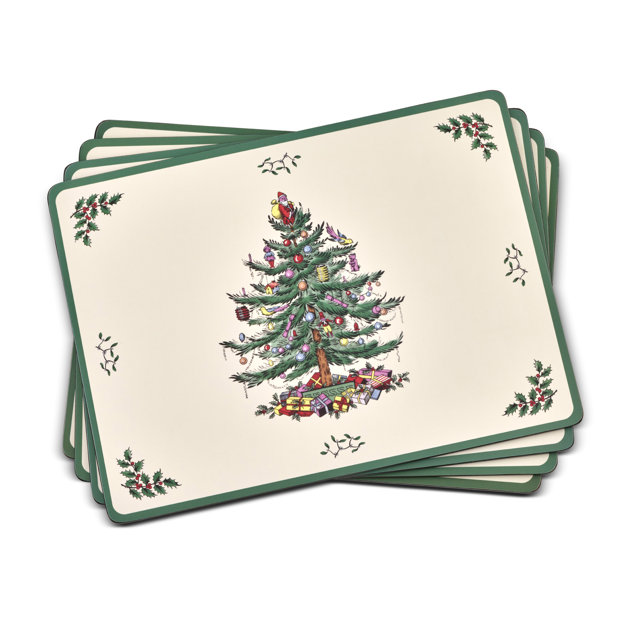 SPODE CHRISTMAS TREE CREAM WHITE GREEN HARD BACKED 12" X 9" PLACEMATS LOT OF 4 